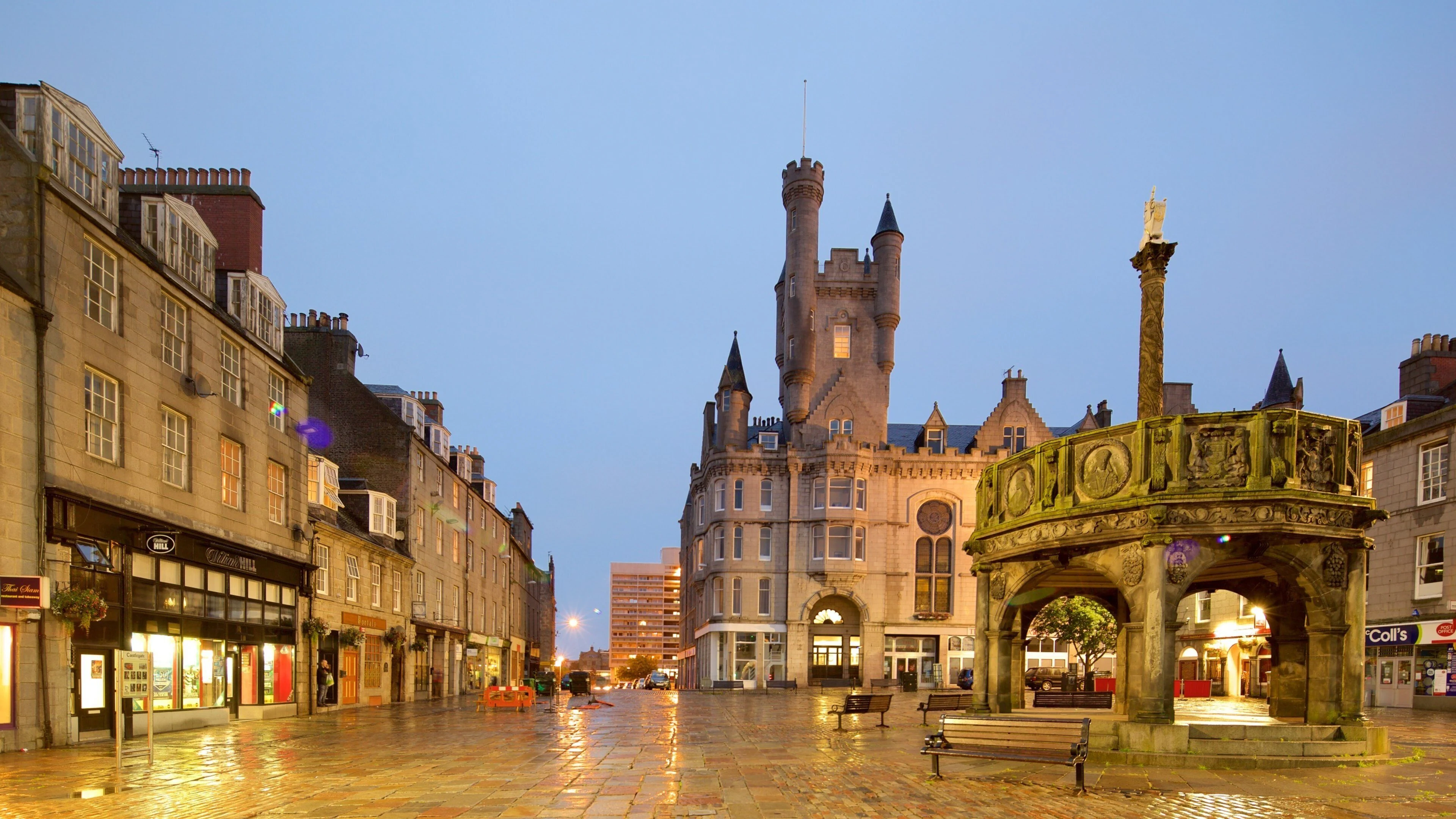 Historic Castlegate in central Aberdeen at dusk