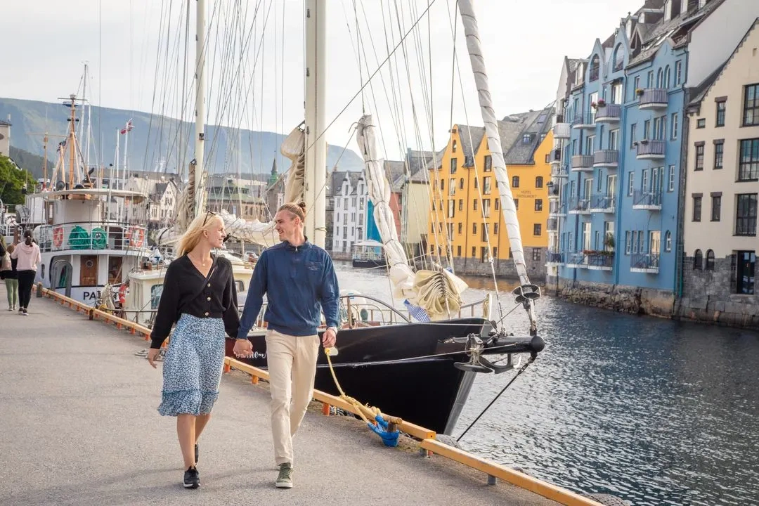 Art Nouveau waterfront buildings beside the harbour in Ålesund