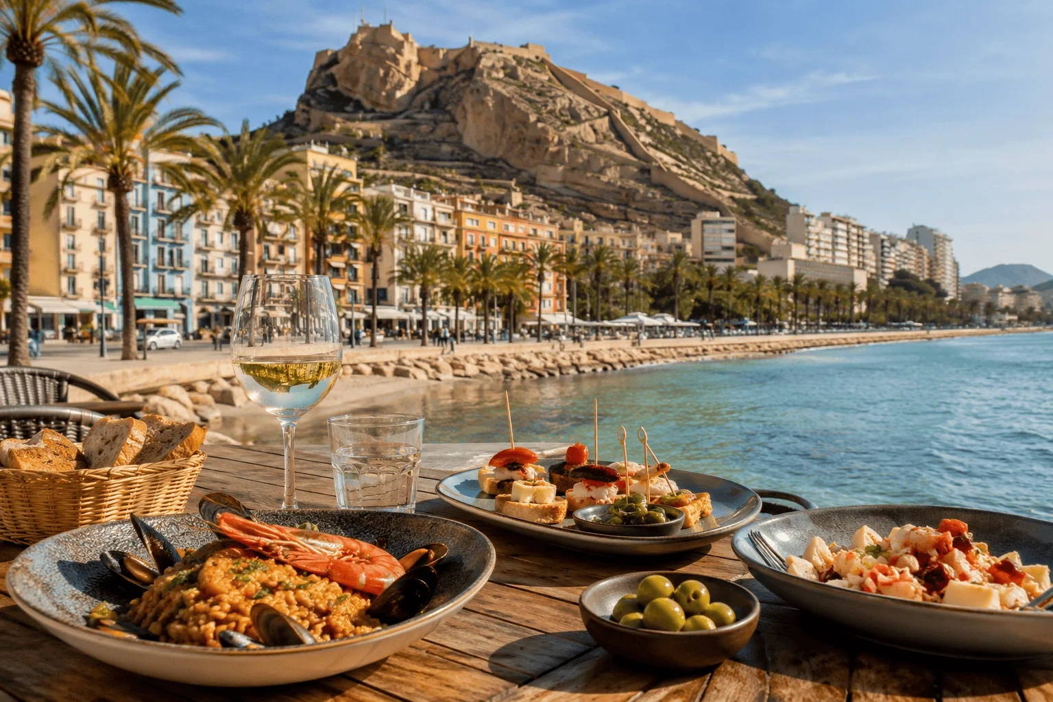 Alicante waterfront with palm trees and Santa Bárbara Castle