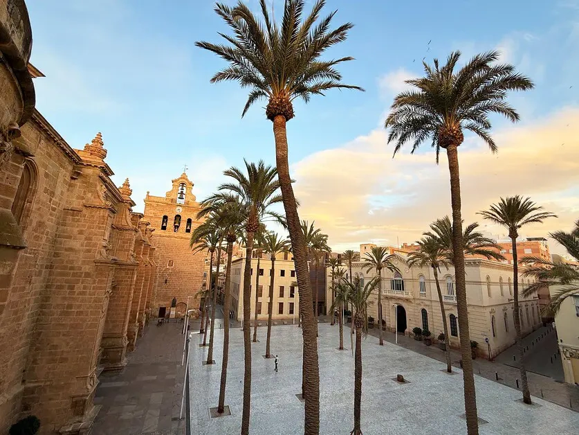 Palm-lined historic square and cathedral architecture in Almería