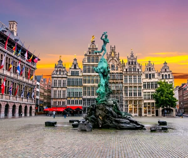 Historic Antwerp waterfront and city architecture beside the River Scheldt