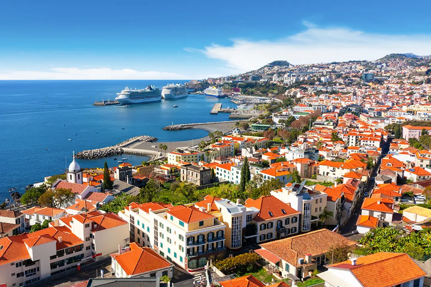 Funchal waterfront, hills and Atlantic scenery on Madeira