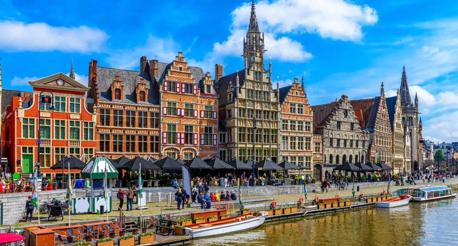 Ghent medieval city centre, canals and historic guildhouses in Belgium