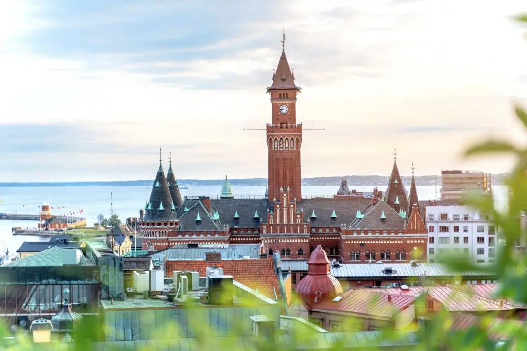 Helsingborg waterfront, Kärnan tower and city centre in southern Sweden
