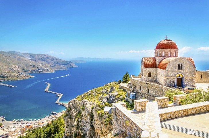 Kos Town harbour, castle and waterfront in the Dodecanese, Greece