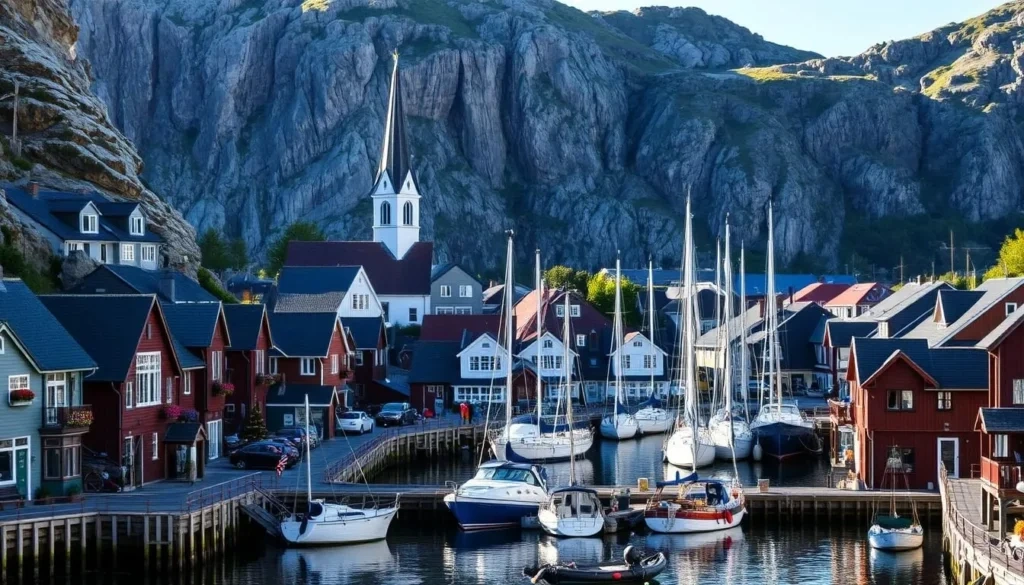Larvik waterfront, fjord and town in Vestfold, Norway