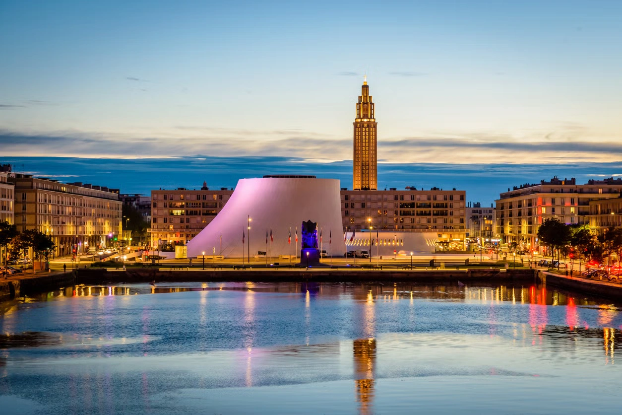 Le Havre waterfront, Saint-Joseph church and modern city centre in Normandy, France