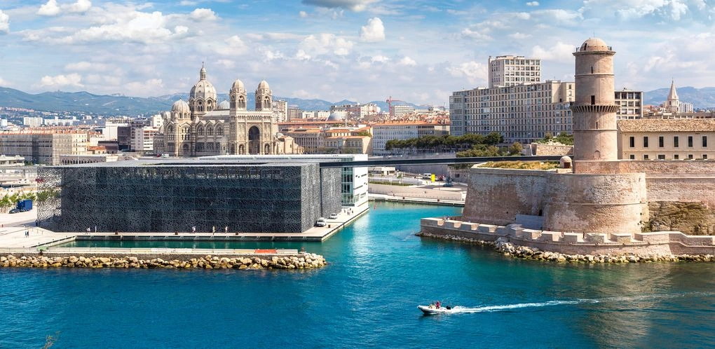 Marseille Old Port, basilica and Mediterranean cityscape in southern France