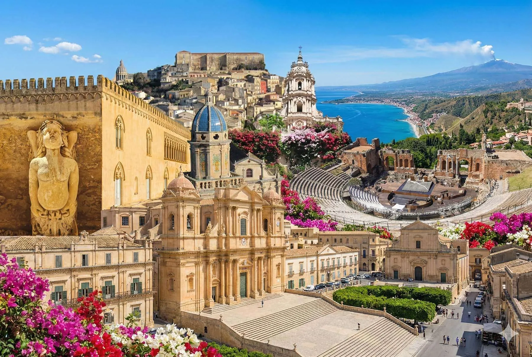 Messina waterfront, cathedral and Strait of Messina in Sicily