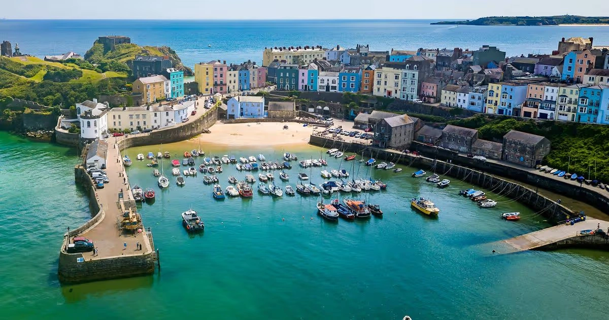 Pembroke Dock waterfront and Pembrokeshire coastal scenery in Wales