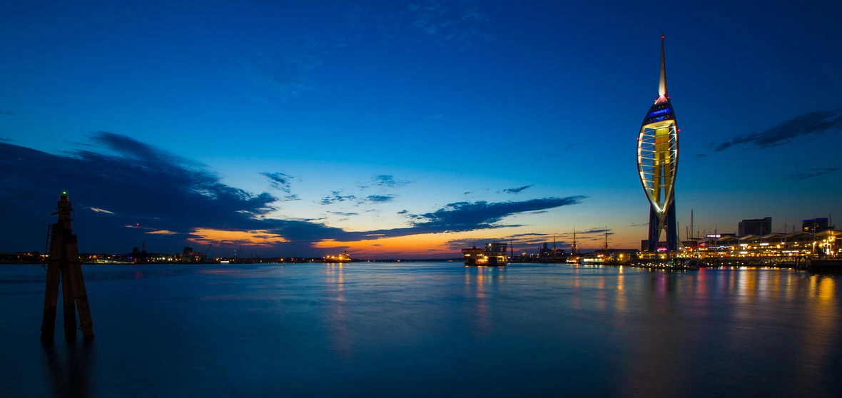 Portsmouth waterfront, Spinnaker Tower and historic harbour in England