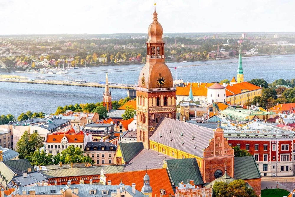 Riga Old Town, Daugava riverfront and city skyline in Latvia
