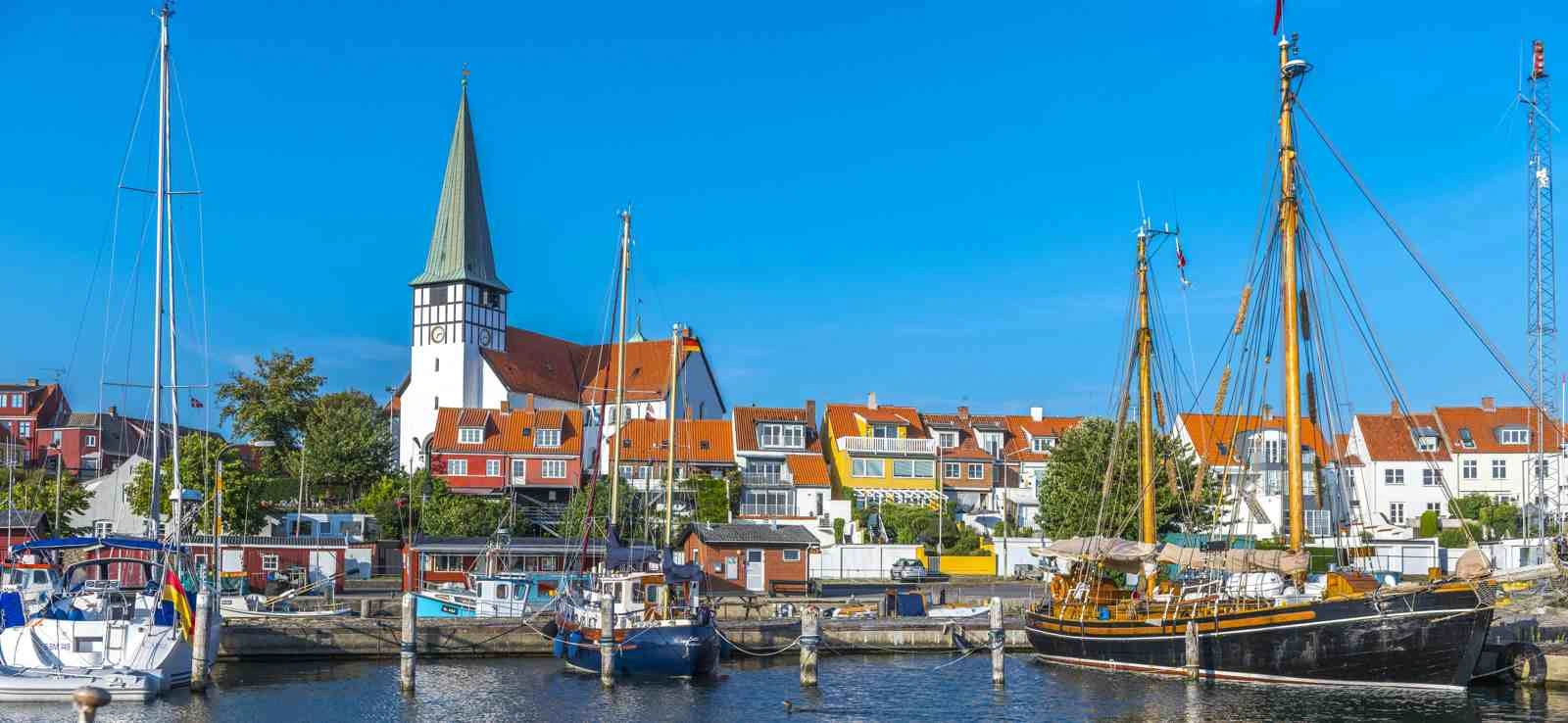 Rønne old town, harbour and Bornholm coast in Denmark