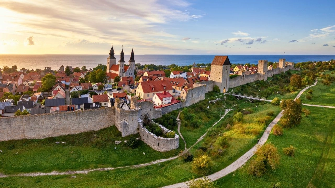 Visby medieval city walls, rooftops and Baltic waterfront on Gotland