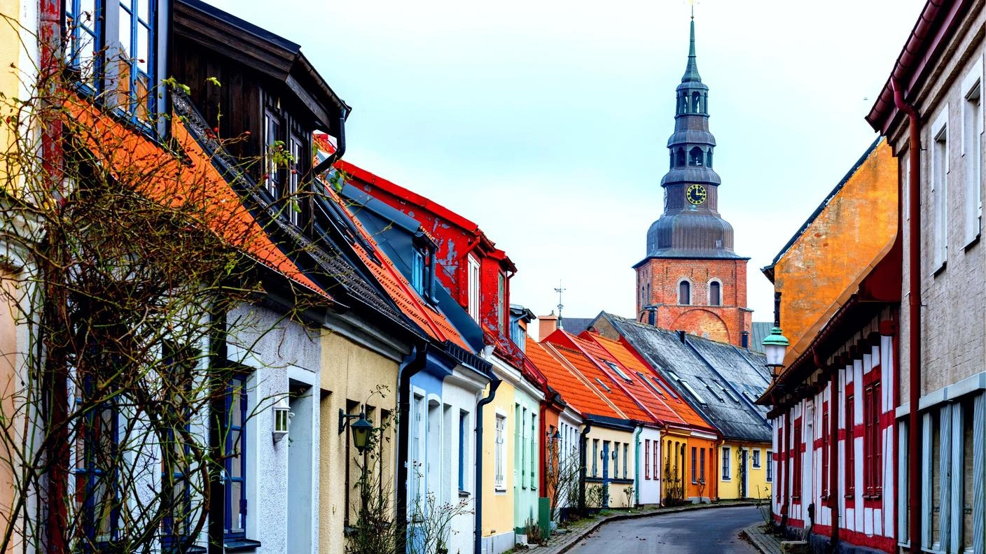 Ystad old town, harbour and southern Swedish coast