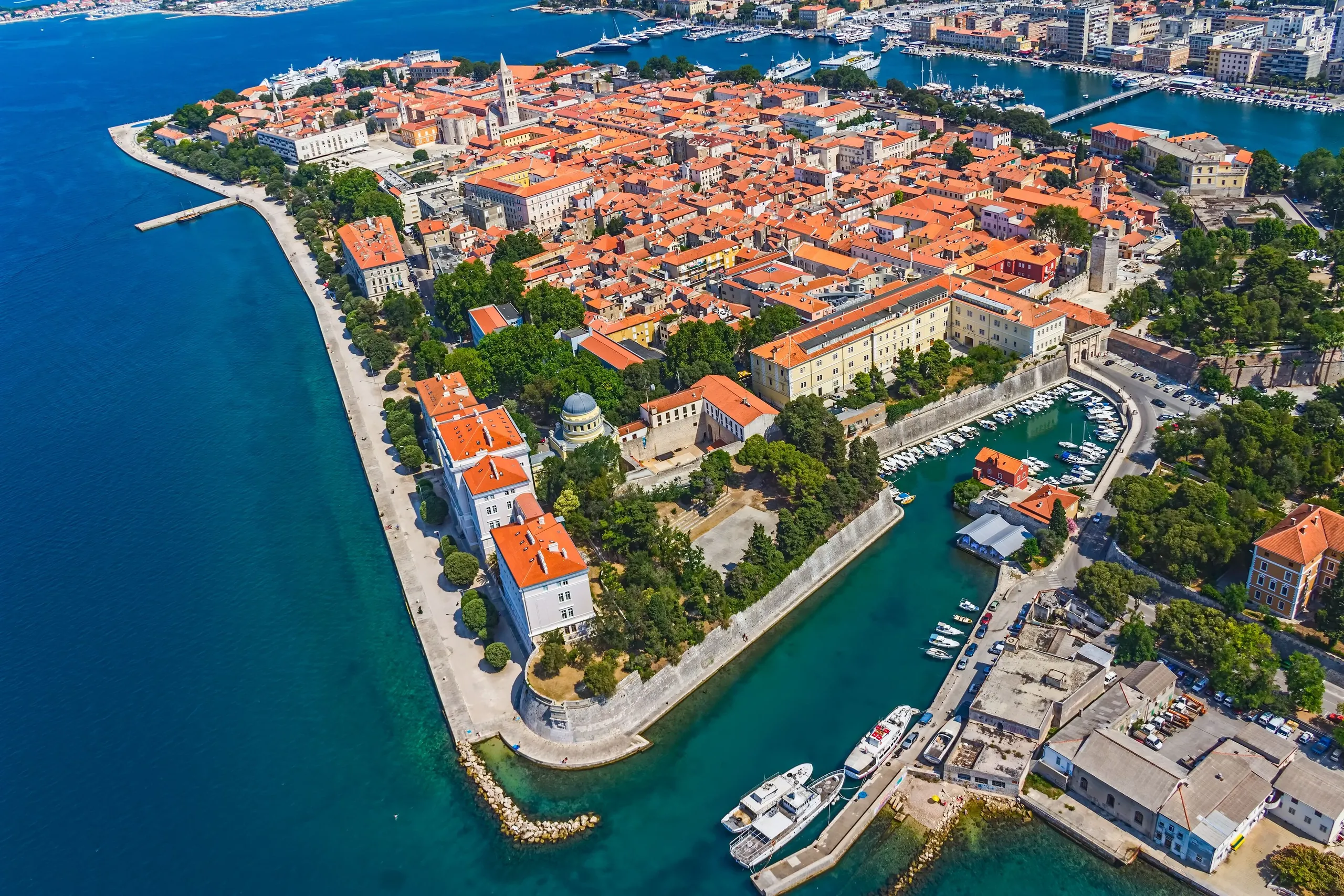 Zadar old town waterfront, Adriatic Sea and historic centre in Croatia