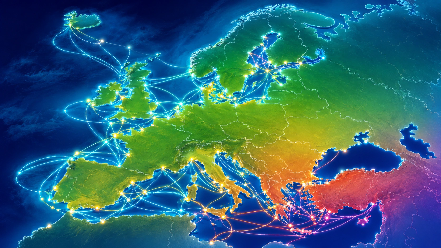 Illustrated map showing ferry connections across Europe