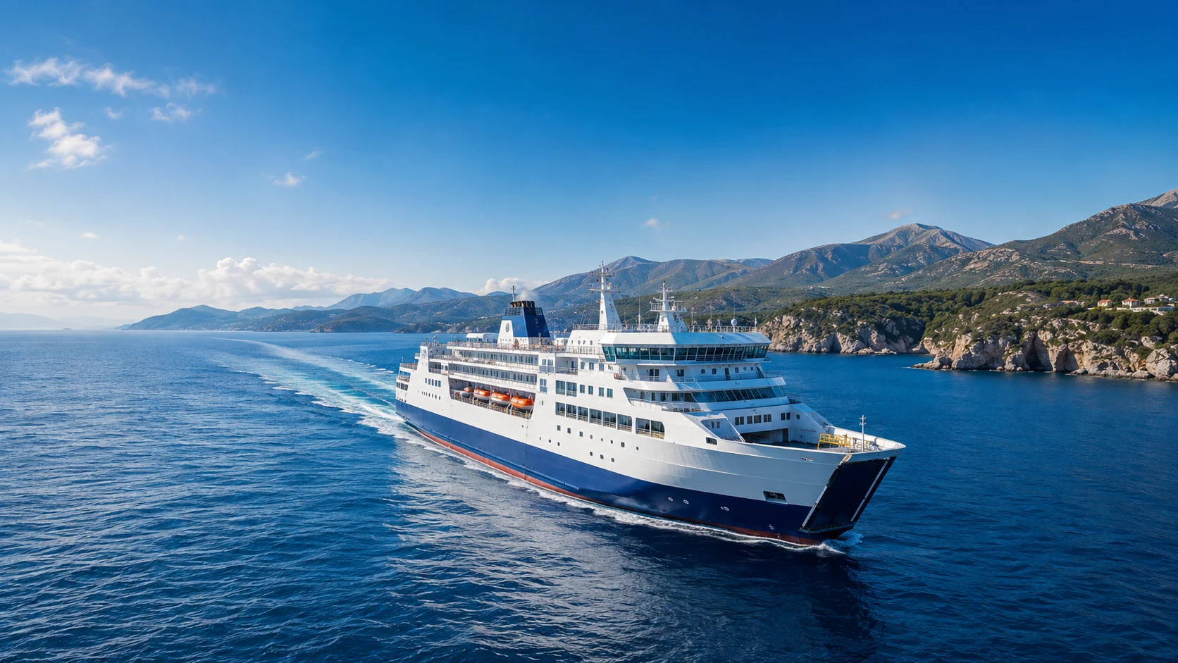 Ferry travelling through a scenic European coastal landscape