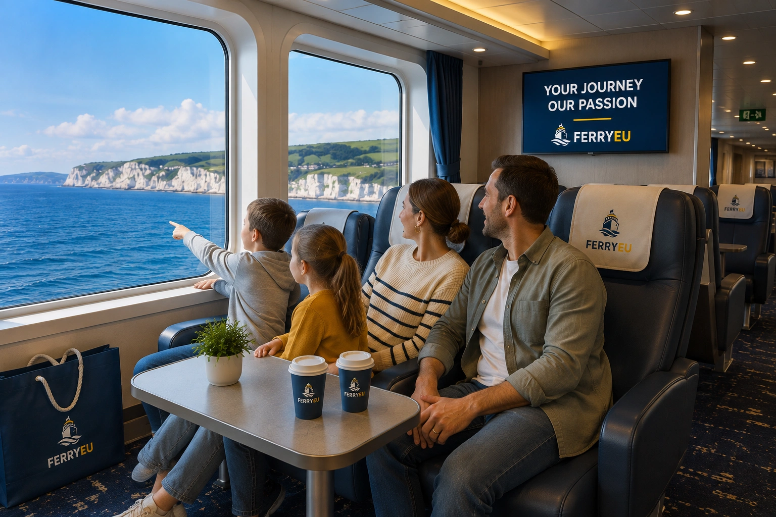 Family relaxing together during a European ferry crossing