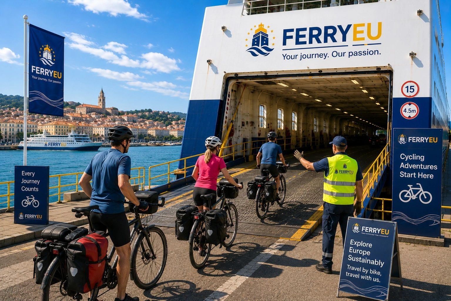 Traveller with bicycle near a ferry