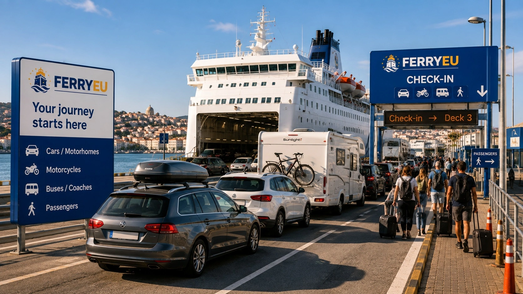 Vehicles and passengers preparing to board a ferry