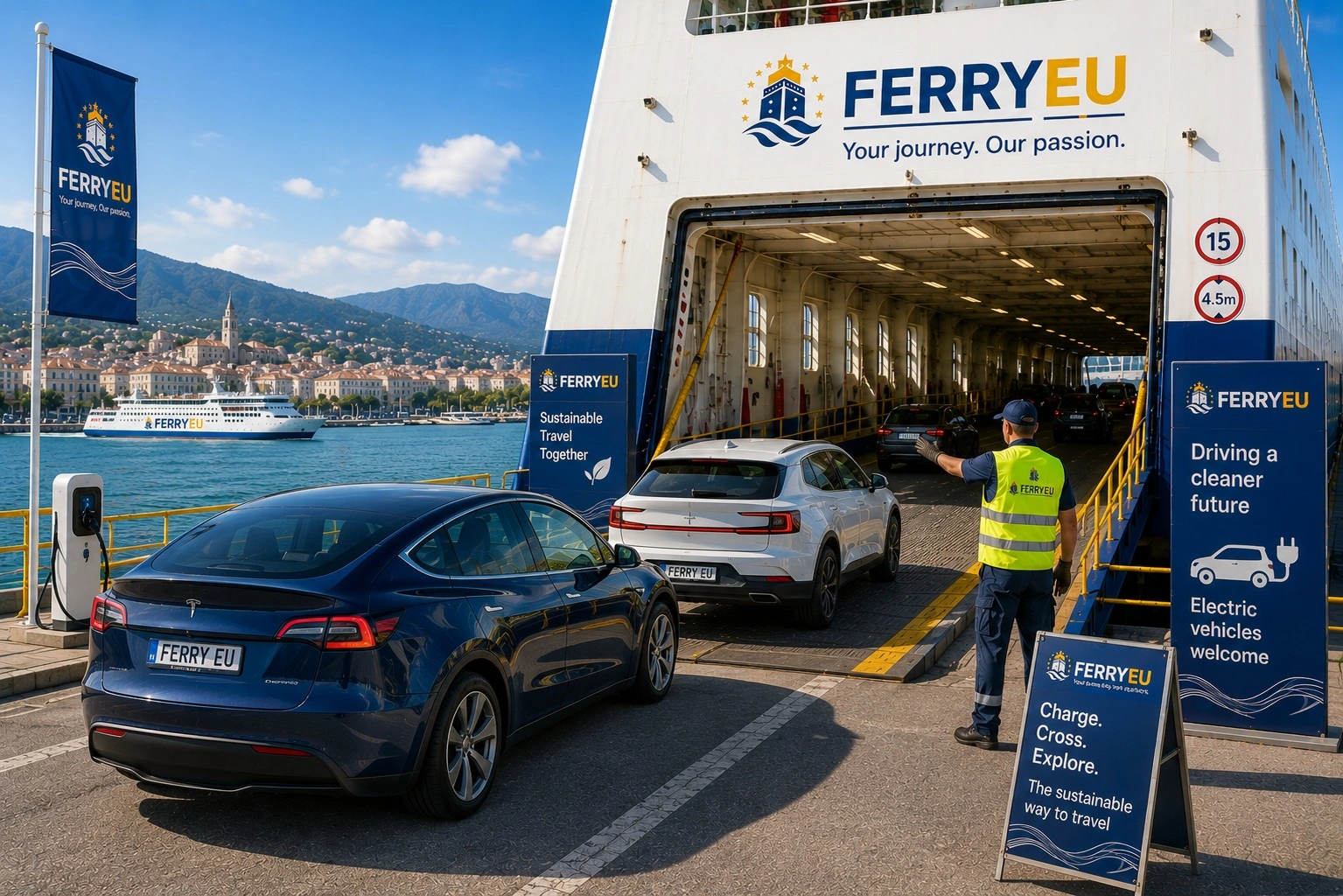 Cars boarding a passenger ferry