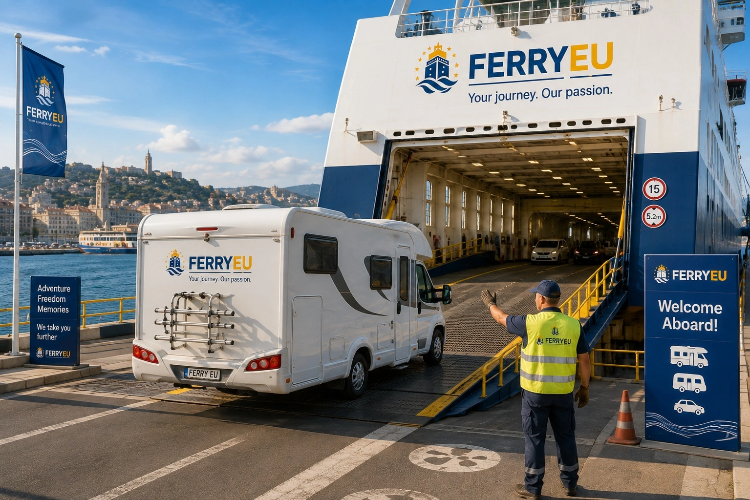 Motorhome boarding a ferry