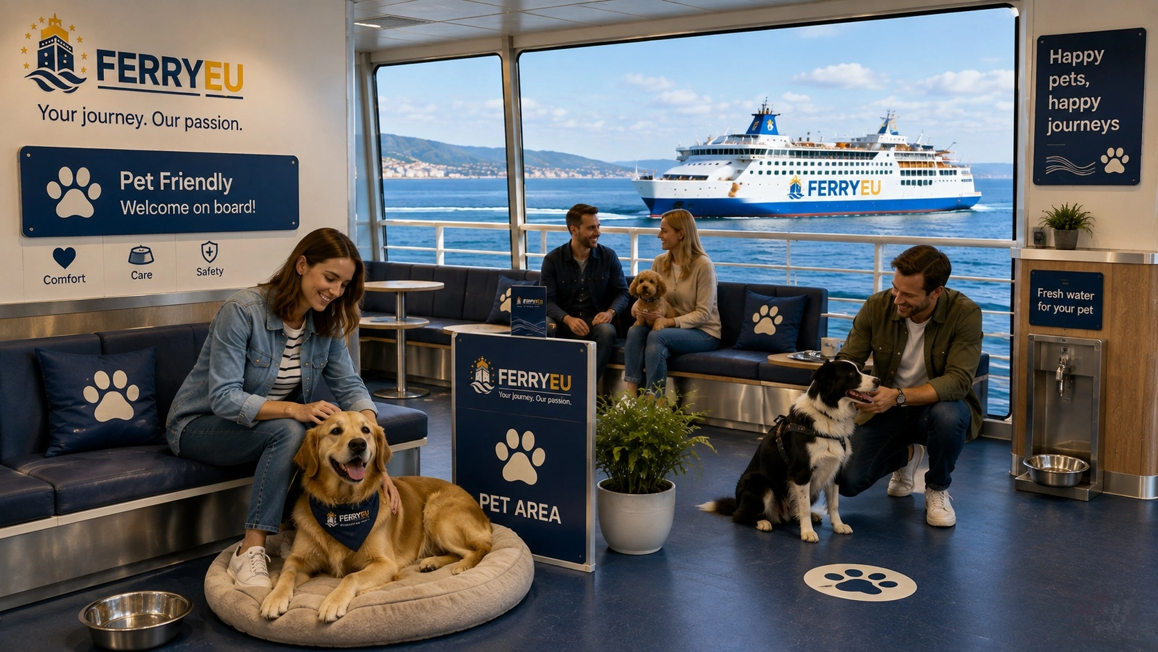 Passenger travelling with a dog on a ferry