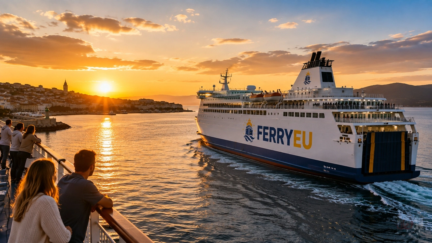 Illustrative Mediterranean ferry departure at sunset