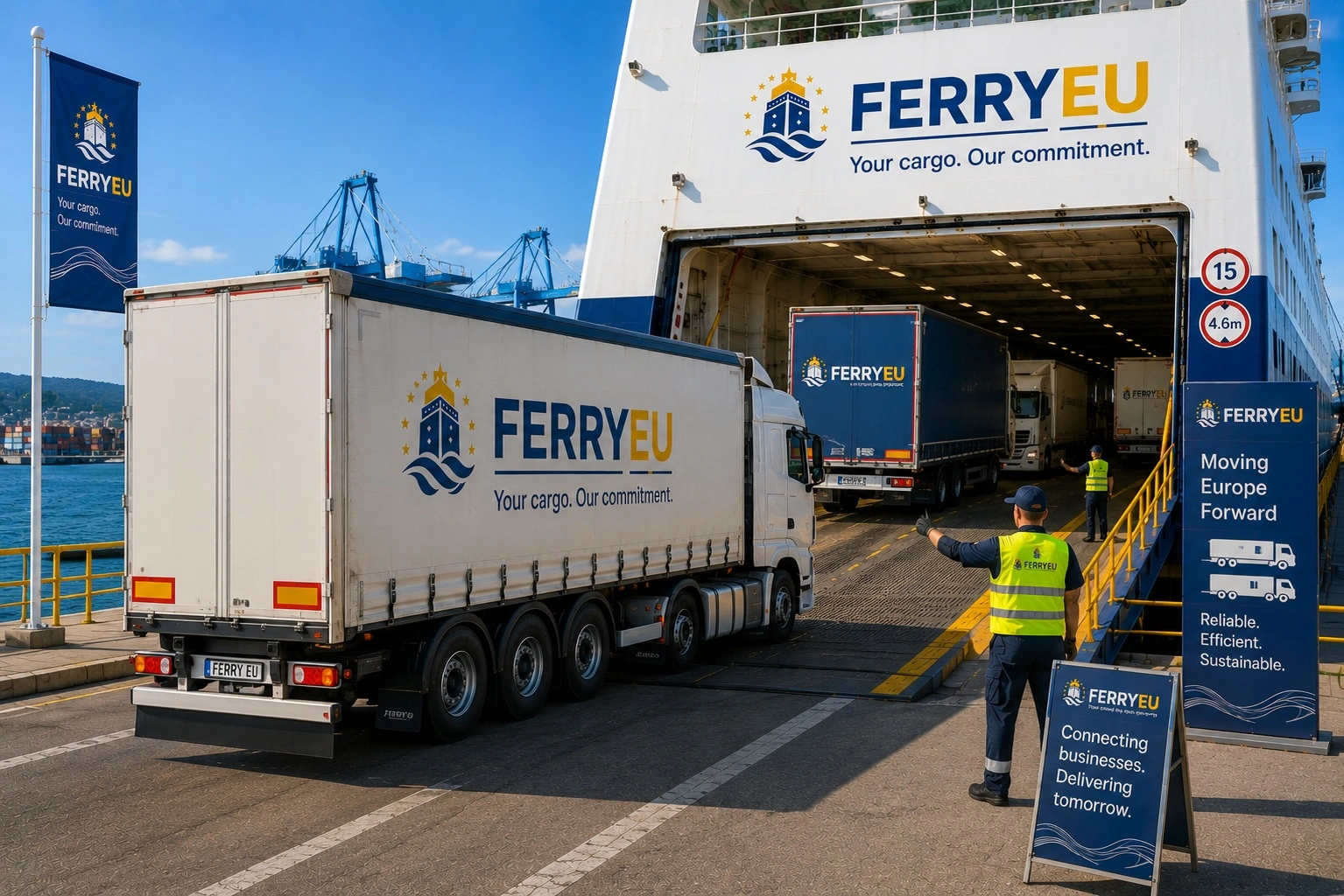 Commercial vehicles boarding a roll-on roll-off ferry