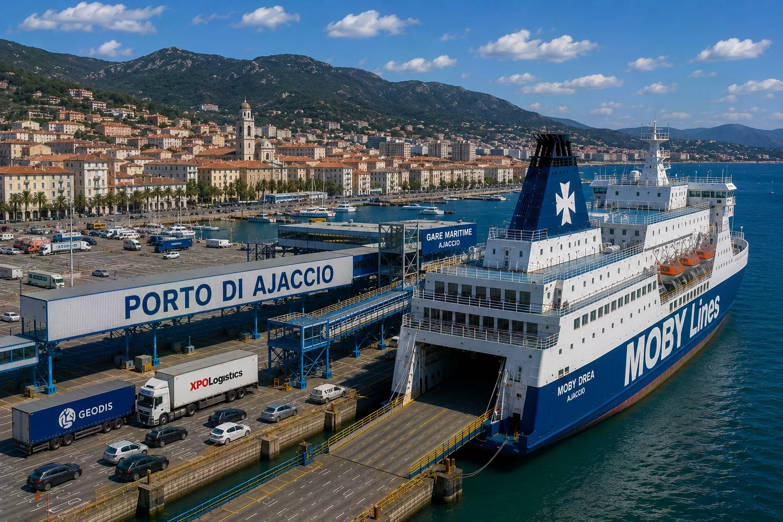 Ajaccio ferry port with passenger ferry at the quay and city waterfront behind