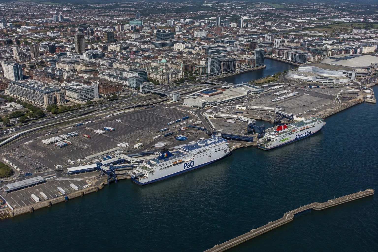 Aerial view of Belfast ferry port and city waterfront