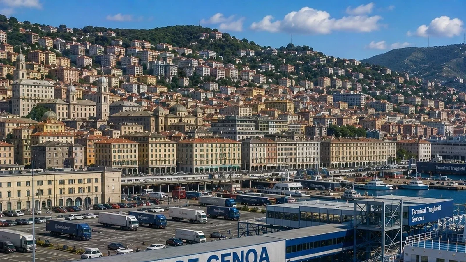 Genoa passenger ferry terminal and waterfront in Liguria, Italy