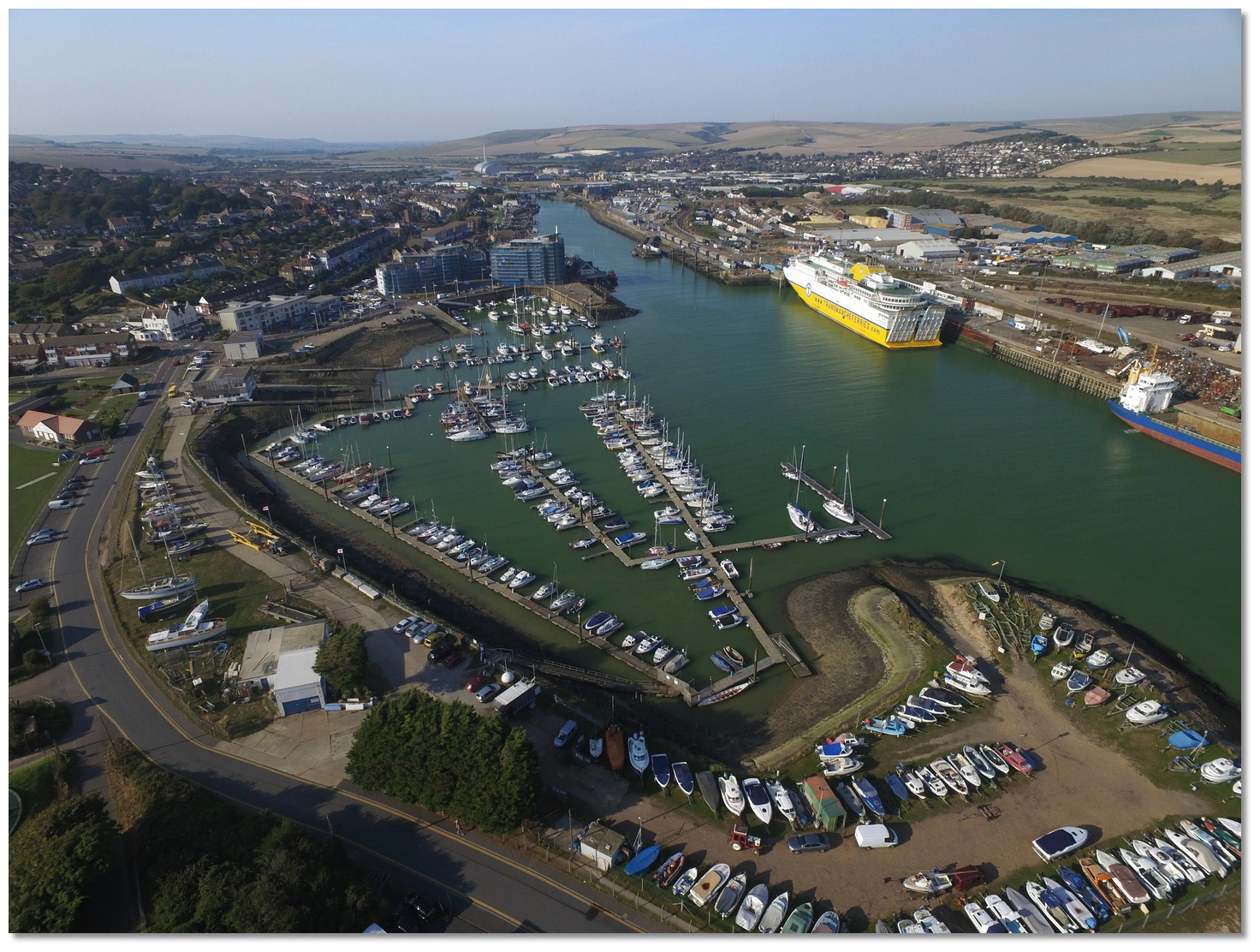 Aerial view of Newhaven ferry port and harbour in East Sussex