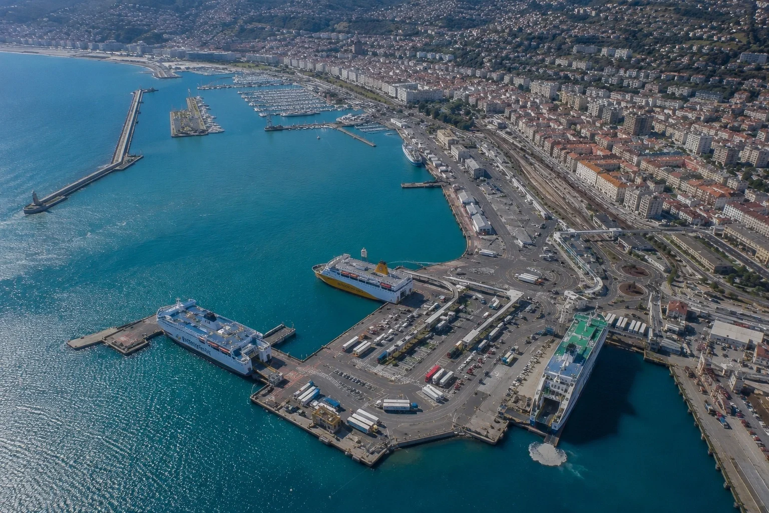 Aerial view of Nice ferry port with Corsica Ferries ships at the terminal