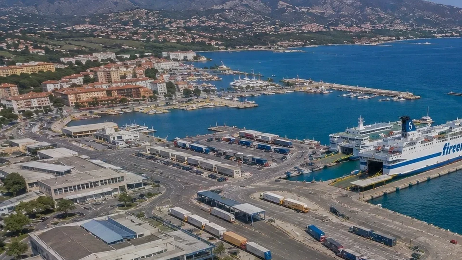 Aerial view of Olbia ferry terminal with a Tirrenia passenger ferry