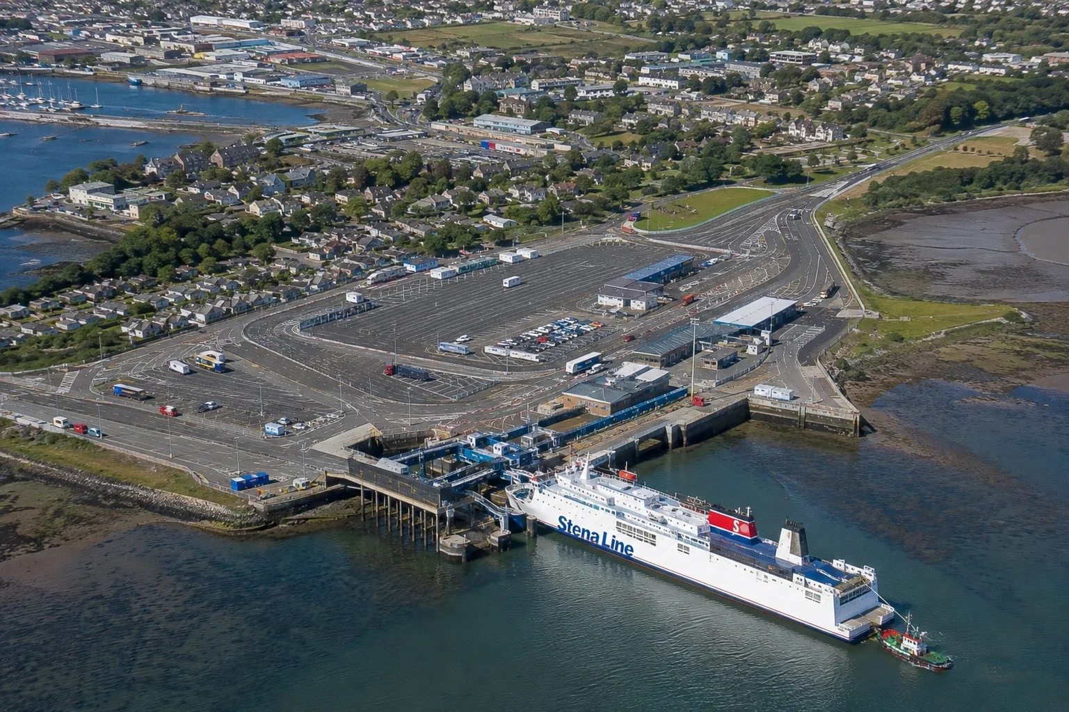 Aerial view of Pembroke Dock ferry port and harbour in southwest Wales