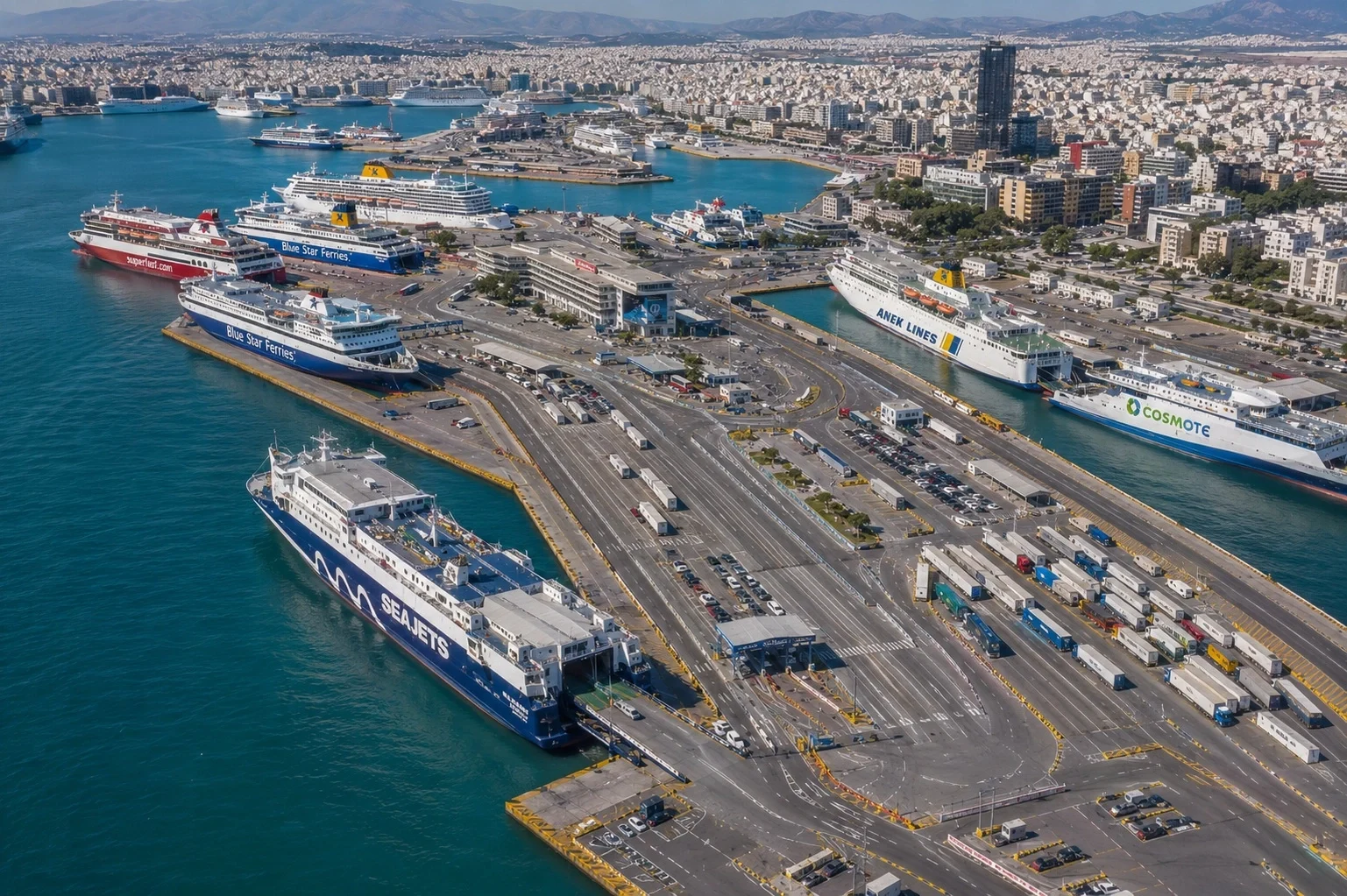 Aerial view of Piraeus ferry port in Athens