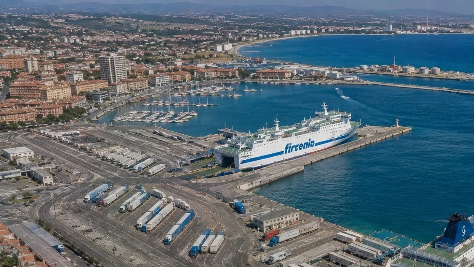 Aerial view across Porto Torres ferry terminal and harbour