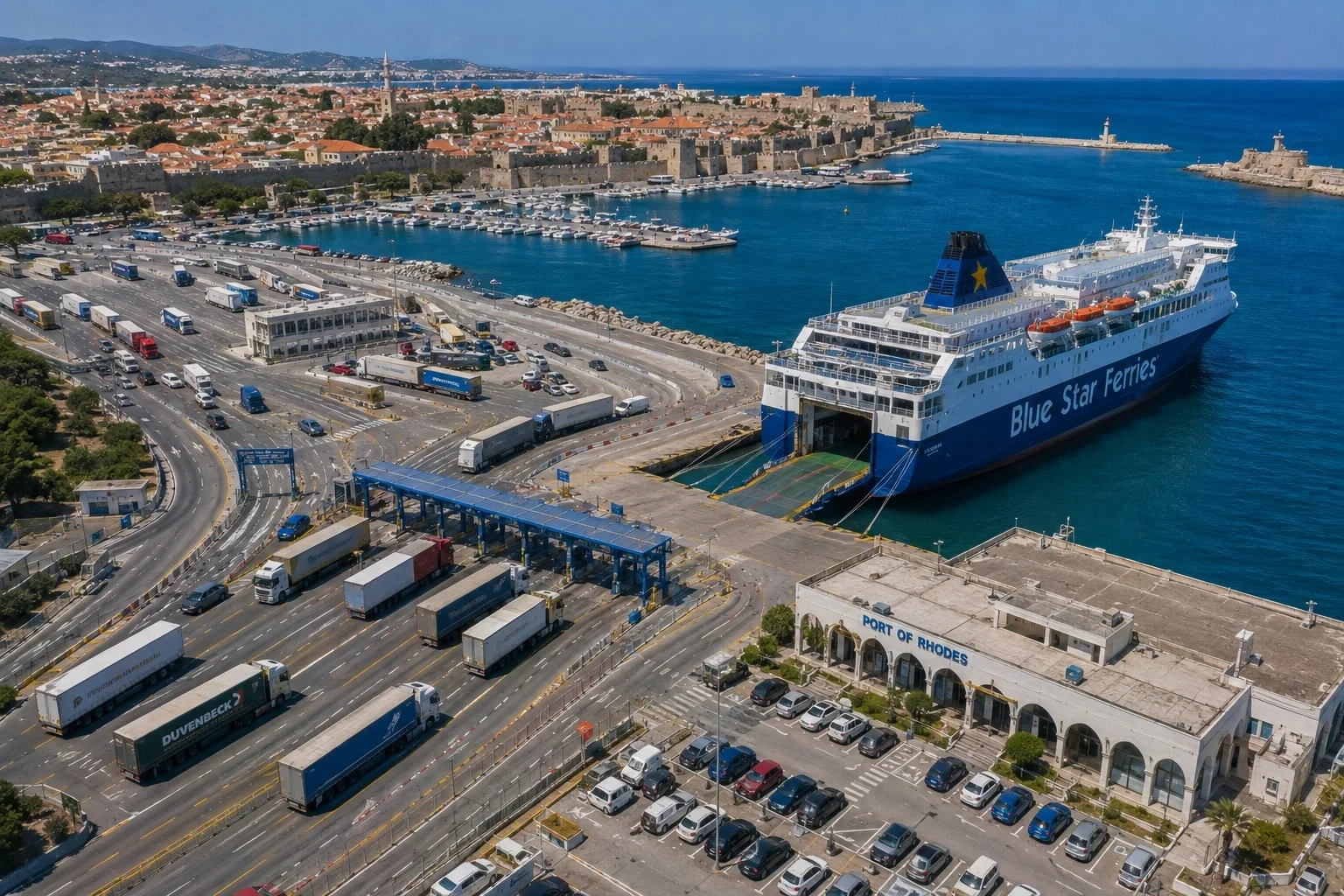 Aerial view of Rhodes ferry port and historic waterfront
