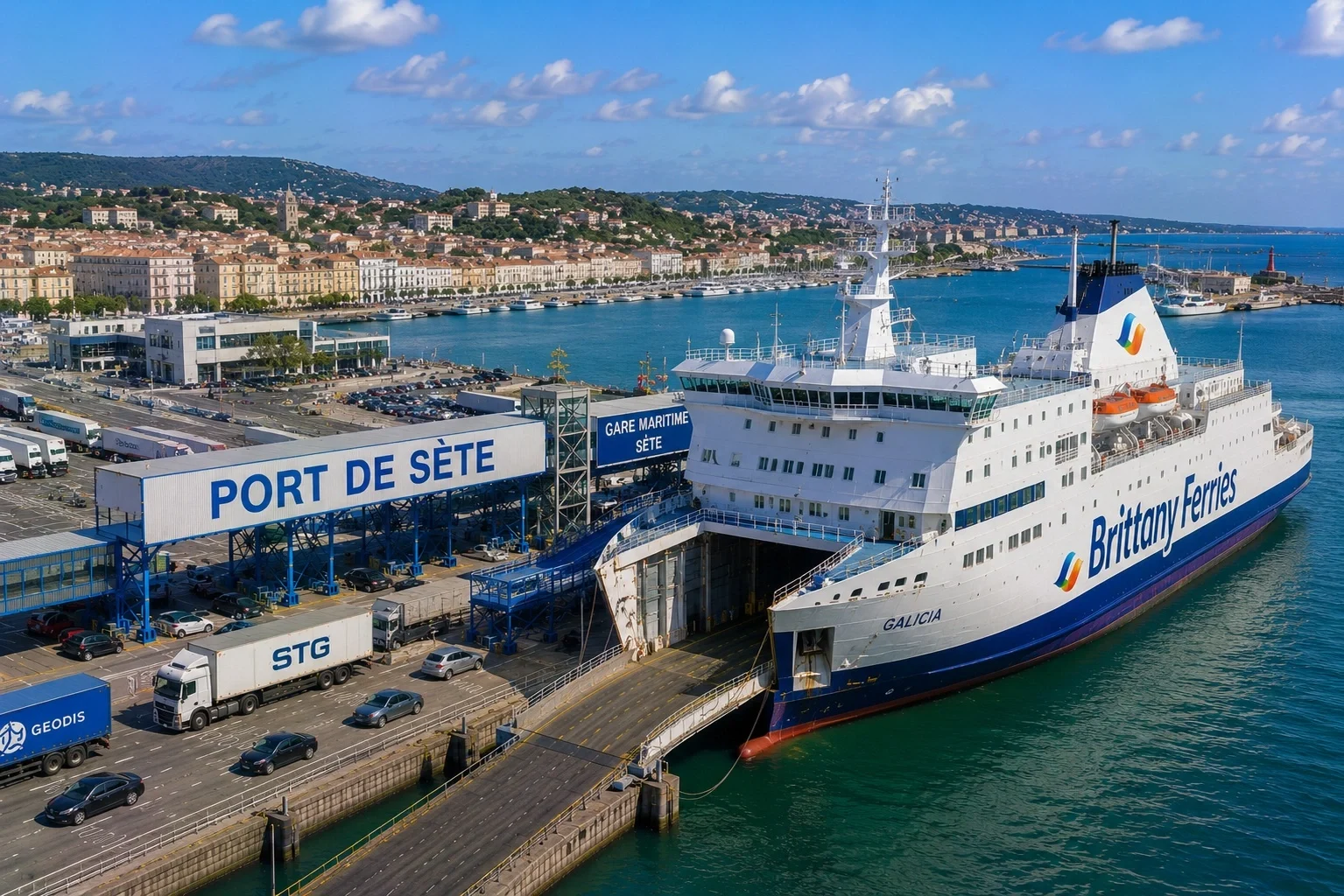 Aerial view of Sète ferry port and Mediterranean harbour