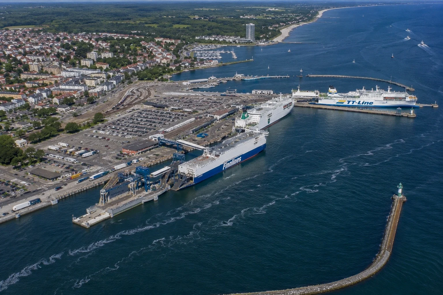 Aerial view of Travemünde ferry port with Finnlines and TT-Line ferries
