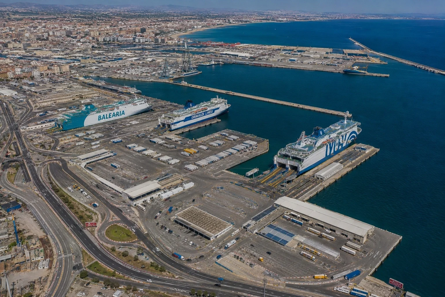 Aerial view of Valencia ferry port with Balearic passenger ferries